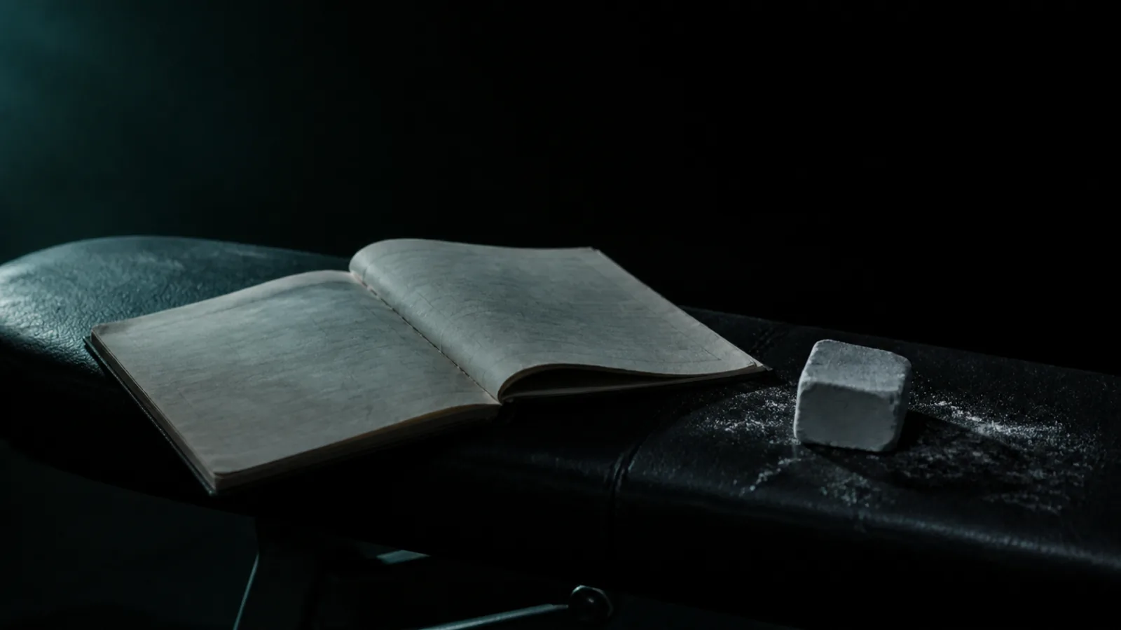 A worn training notebook lying open on a gym bench next to a chalk block.