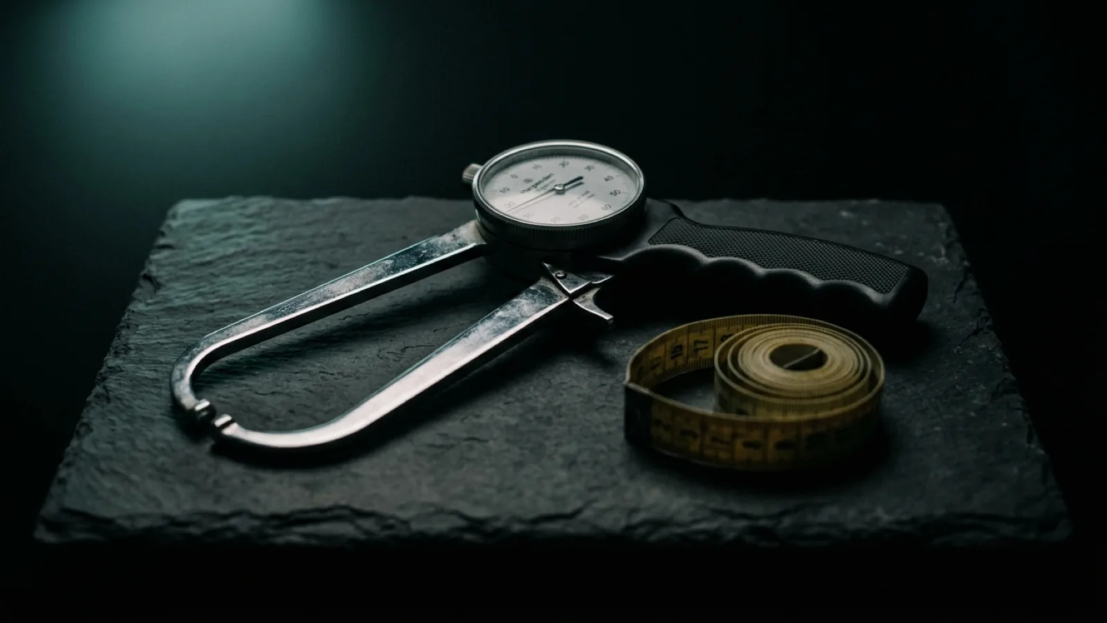 A Harpenden skinfold caliper, long curved chrome arms with a round analogue dial at the pivot and a black grip, lying beside a coiled tape measure on a dark slate surface.