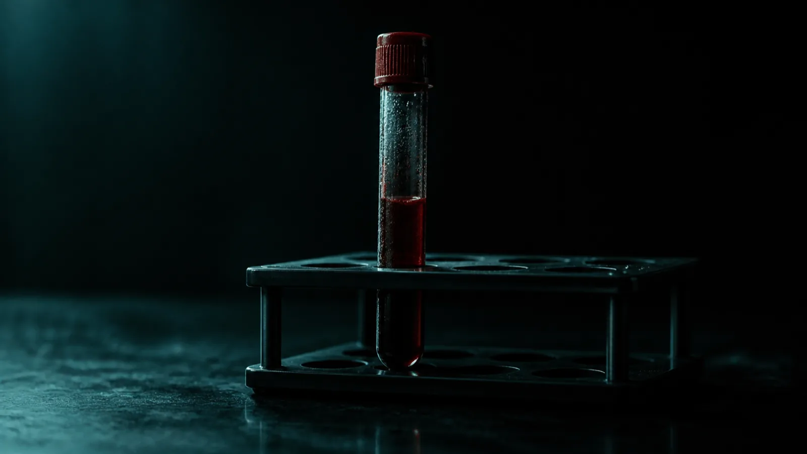 A single blood collection tube standing in a rack on a dark laboratory bench, condensation on the glass.