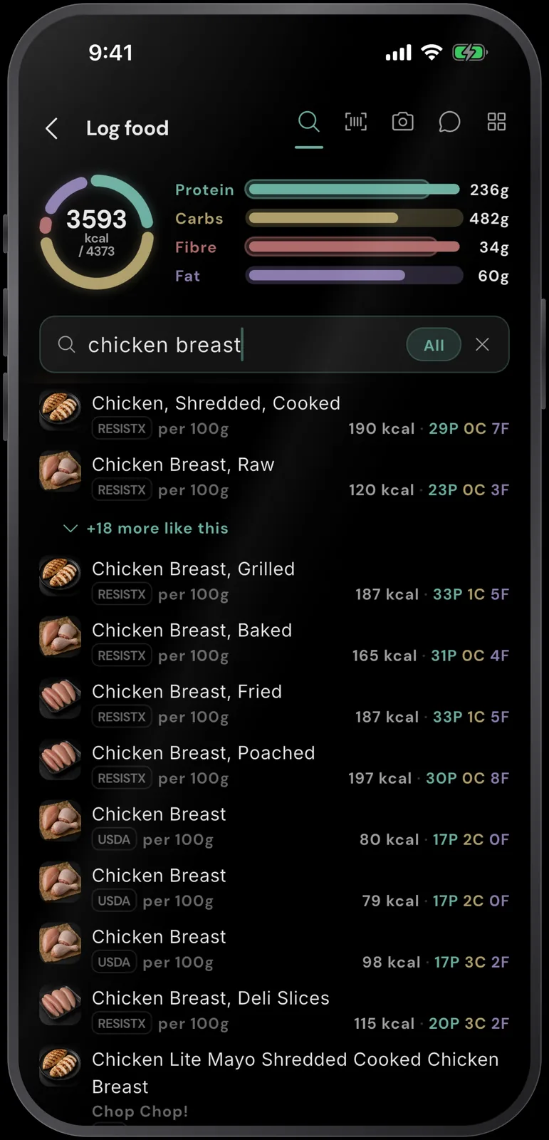 The RESISTX log food screen with search, barcode, camera, voice and quick-macro modes, showing curated chicken breast entries above the USDA results.