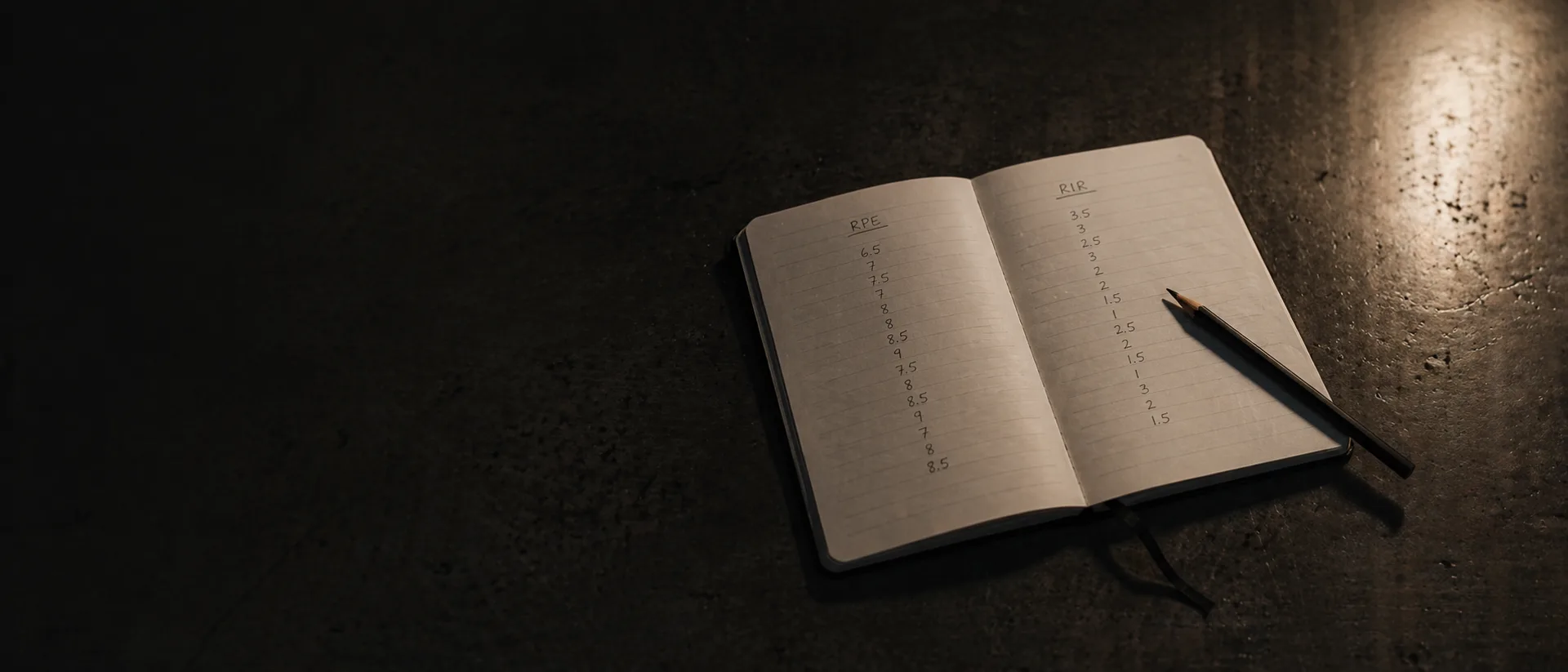 Open notebook with two columns of handwritten effort numbers, RPE and RIR logged side by side
