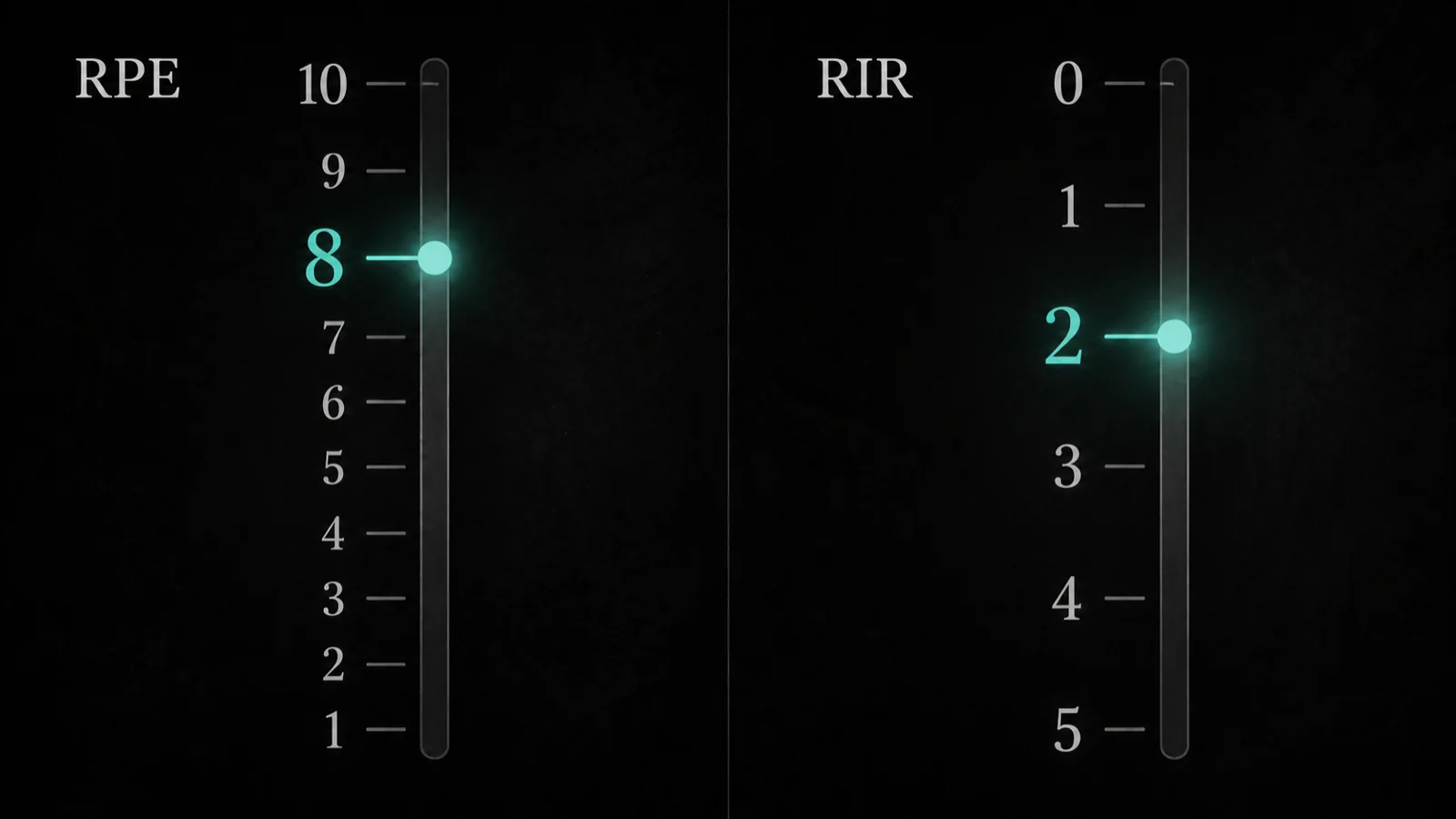 Two gauges side by side, RPE on a 1-10 scale and RIR on a 0-5 scale, both pointing at the same set