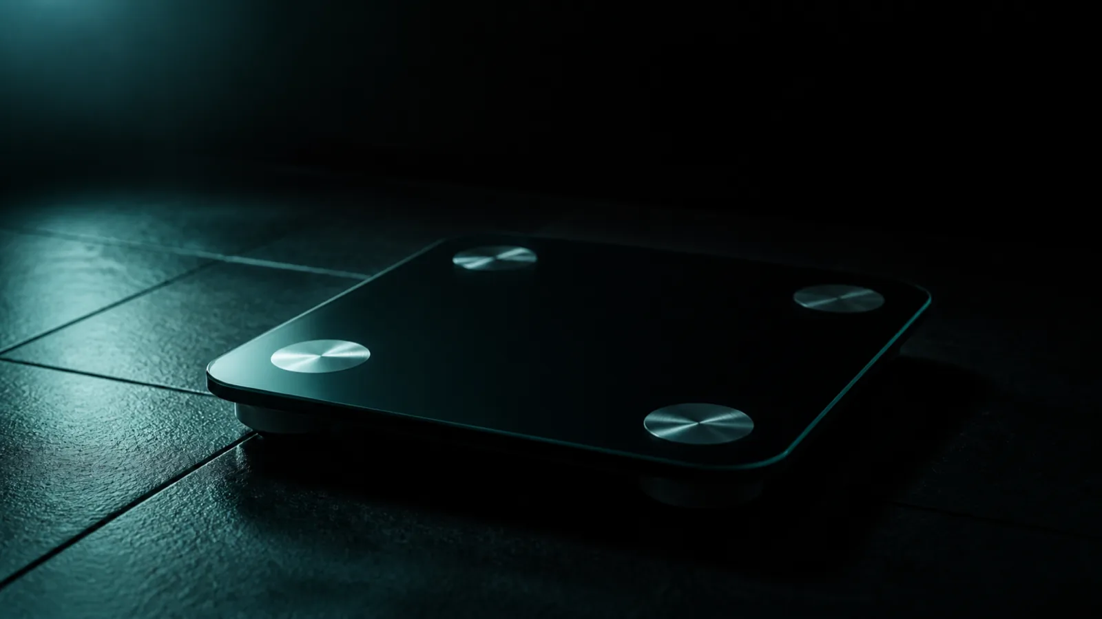 A bathroom scale on dark tiles, its glass surface reflecting a single soft light.