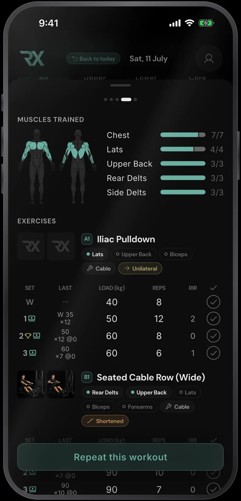 RESISTX workout summary for Upper 1 showing per-set load, reps and RIR on the Iliac Pulldown.
