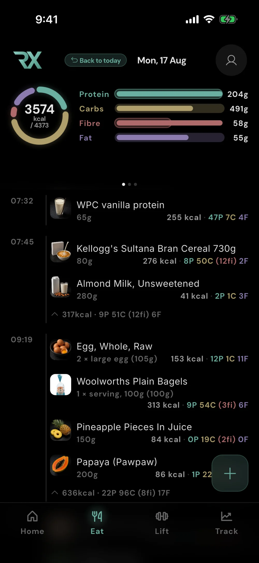 A day of food logging: meals, macros and energy against target