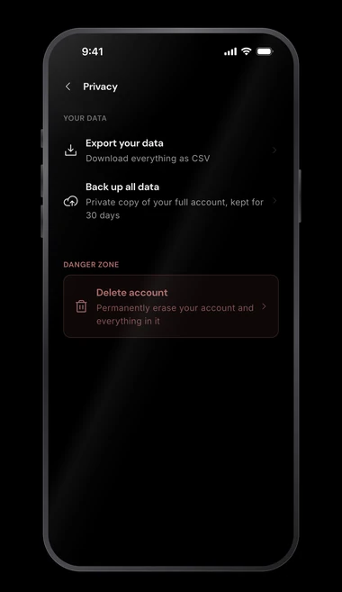 The Privacy page in RESISTX, showing a Your Data section with Export your data and Back up all data, then a Danger Zone header above a rose Delete account card.