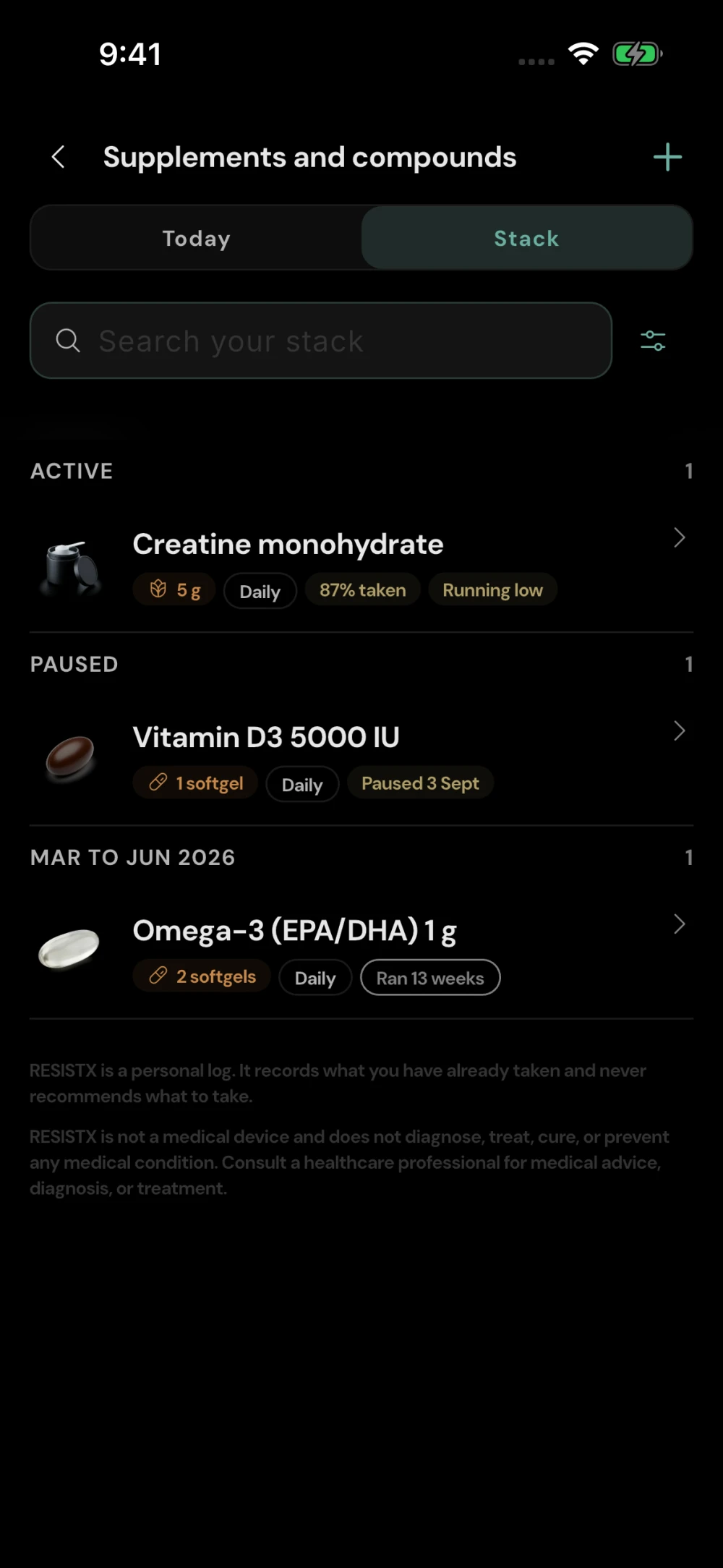 Supplement stack showing active creatine, paused vitamin D and a previous omega-3 schedule, with dose and status details