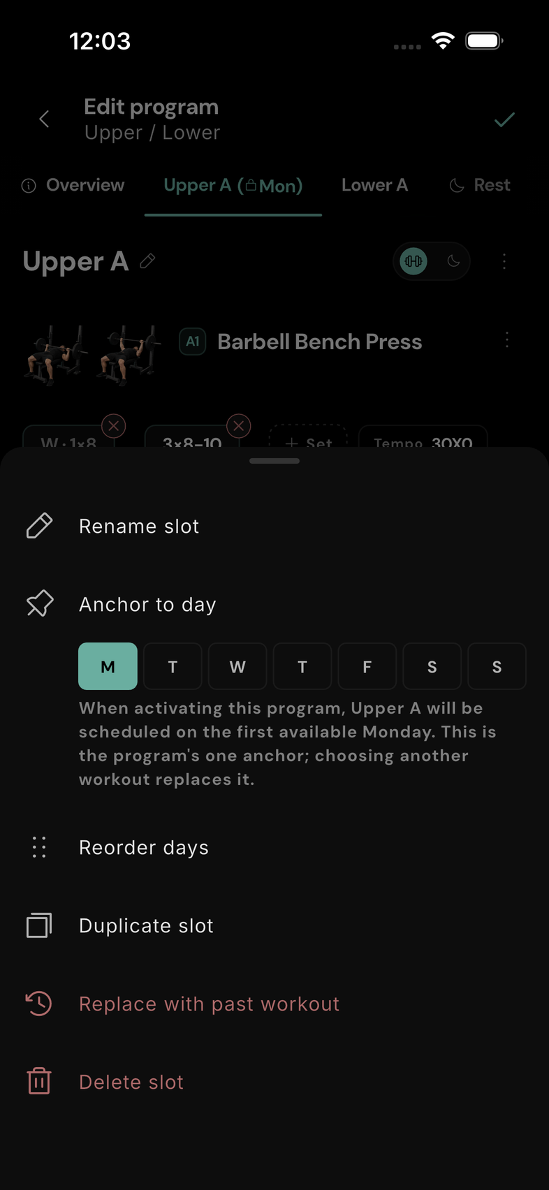 Choose one weekday anchor. The selected weekday aligns this workout when the program is activated.