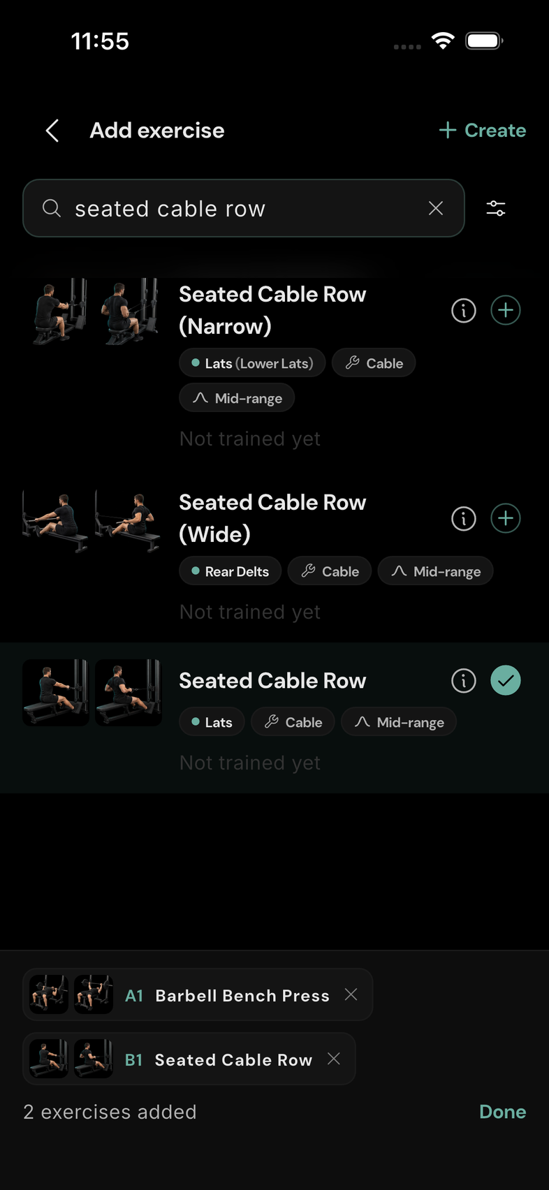 Choose your exercises. Tap + beside an exercise. Selected exercises appear at the bottom; tap Done to add them.