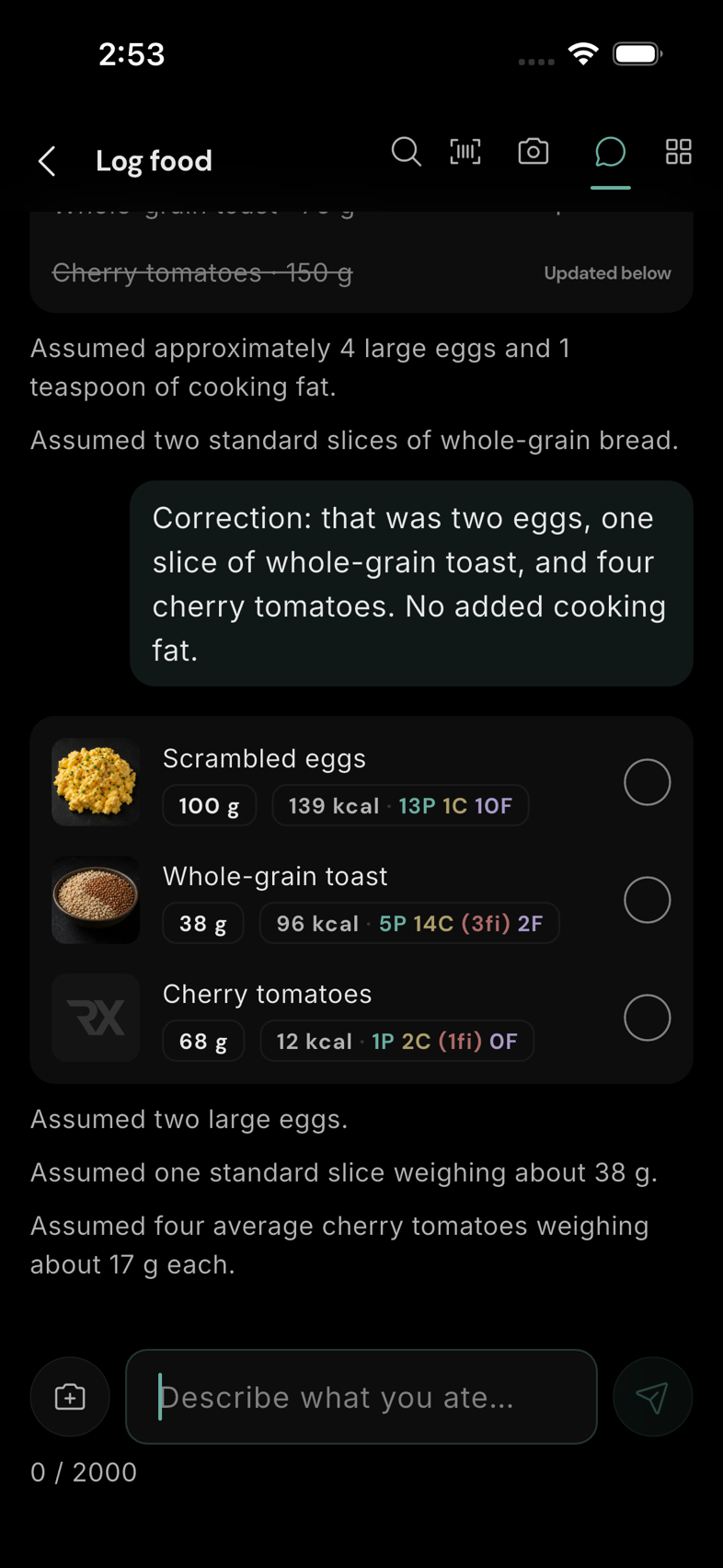 Correct the suggestion in Chat. A follow-up revises the amounts; superseded items are struck through above.