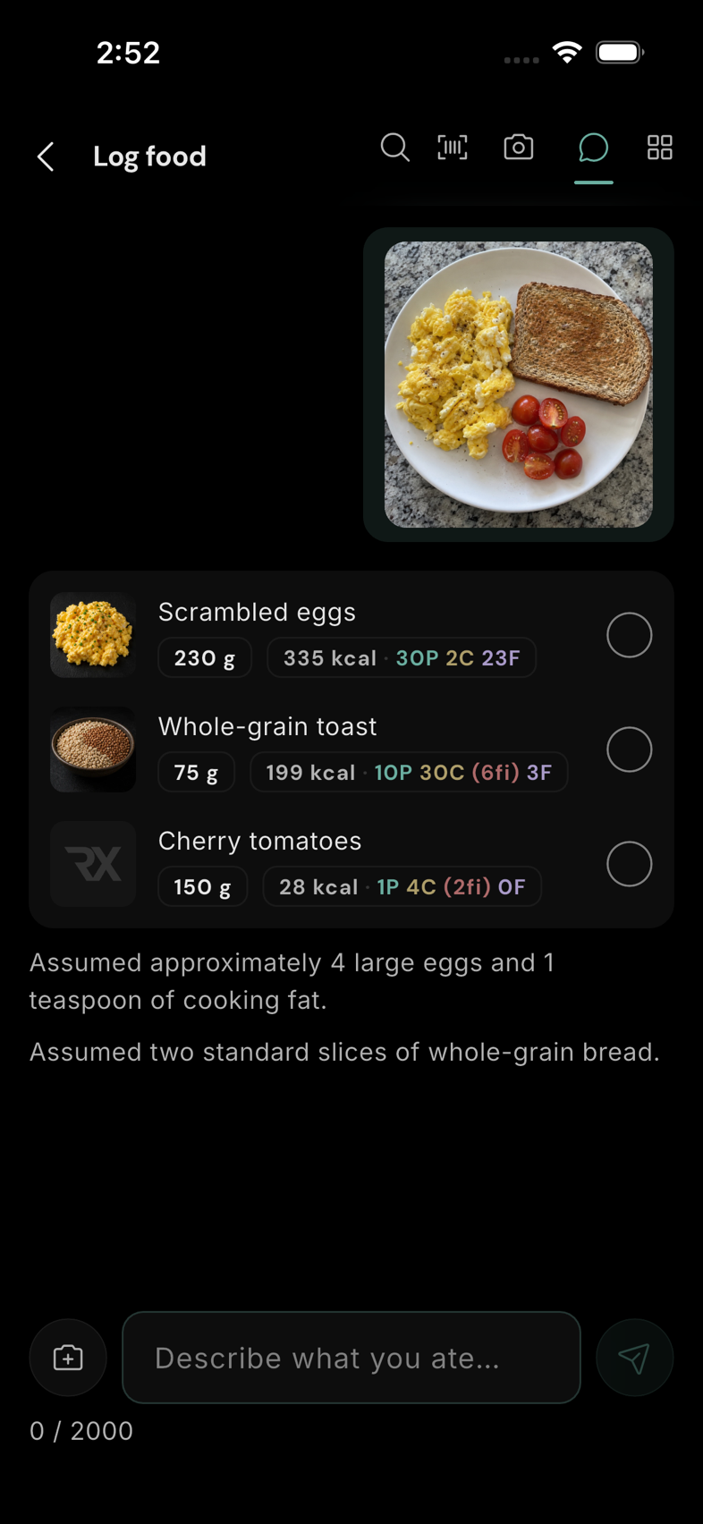 Review Chat’s first suggestion. The photo-only turn produced food rows and assumptions about their amounts.