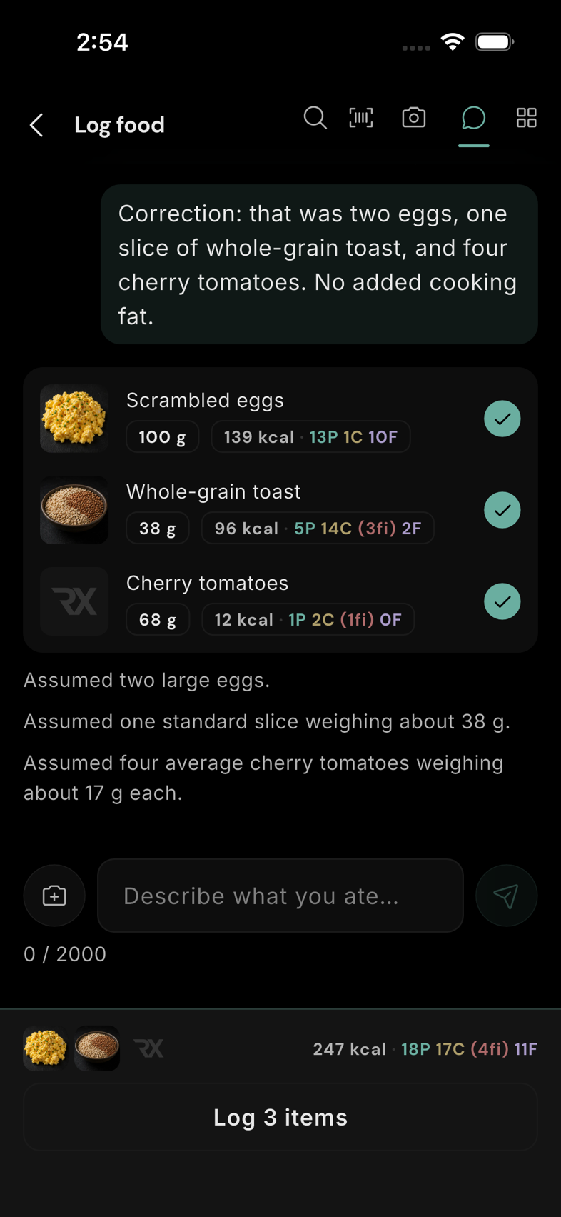 Select the corrected foods. Three checked rows fill the tray; Log 3 items is the final save action.