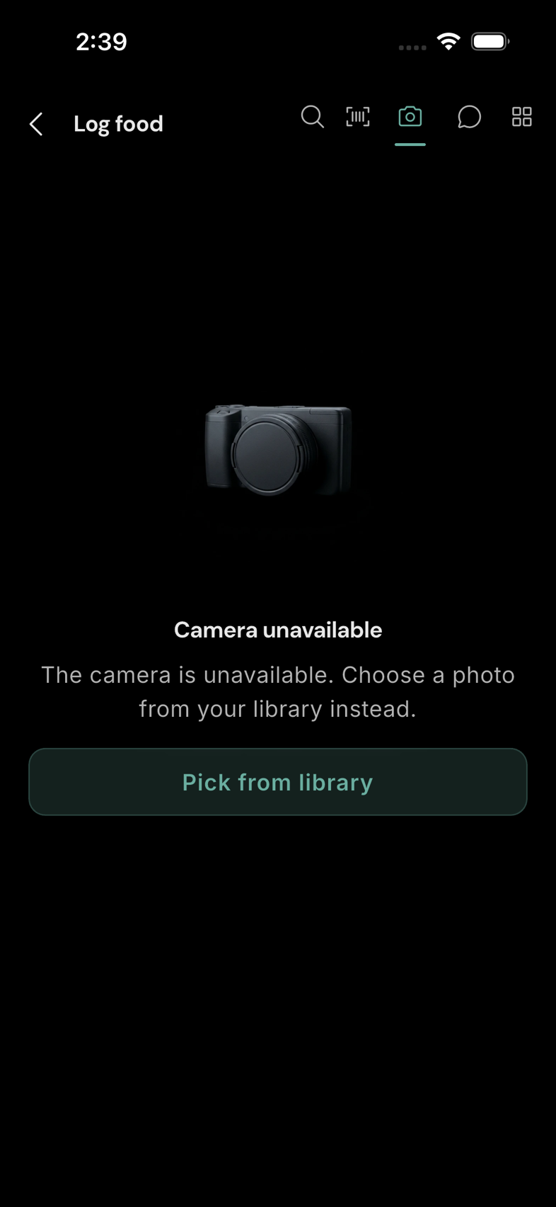 Photo options. Take a photo or pick one from your library.