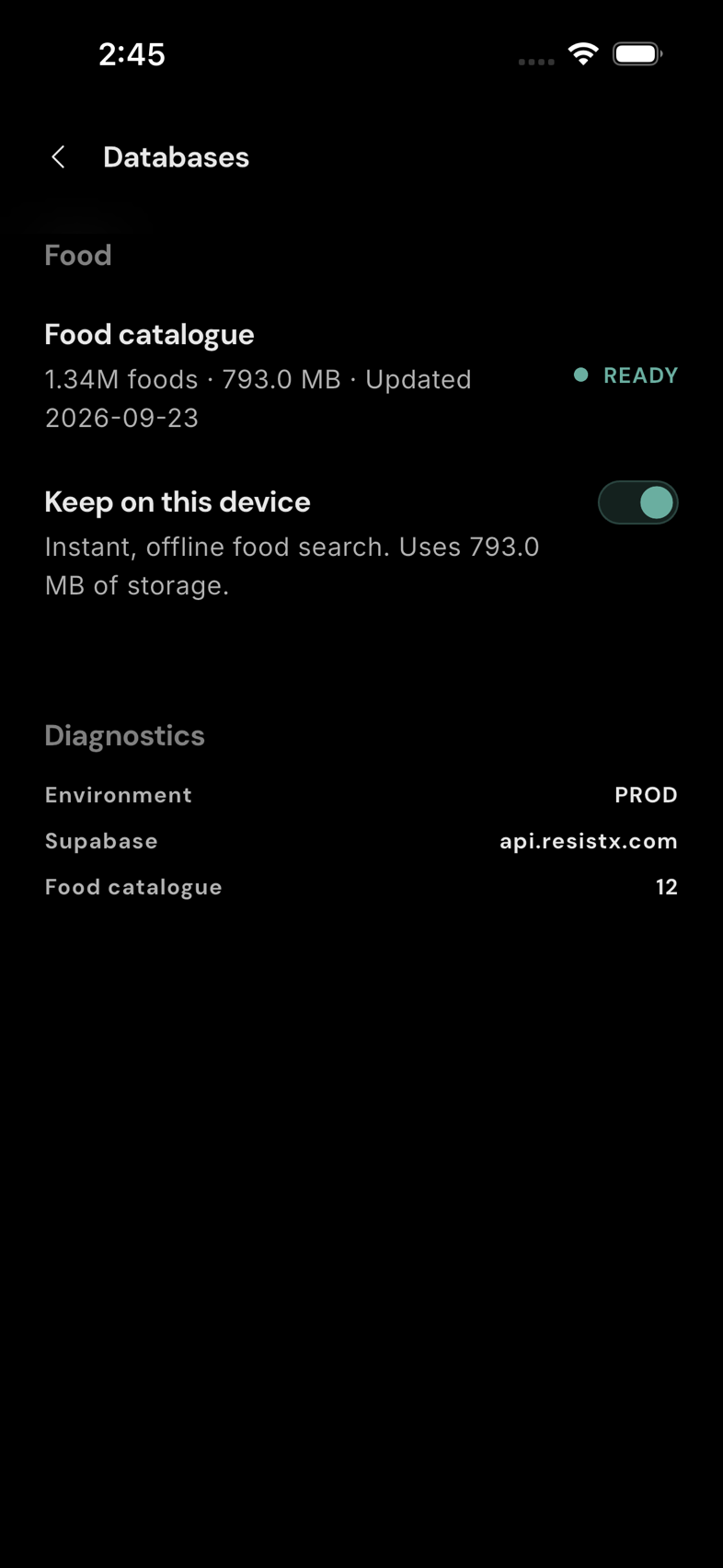 Food catalogue settings. The status and Keep on this device switch live under Settings → Databases.