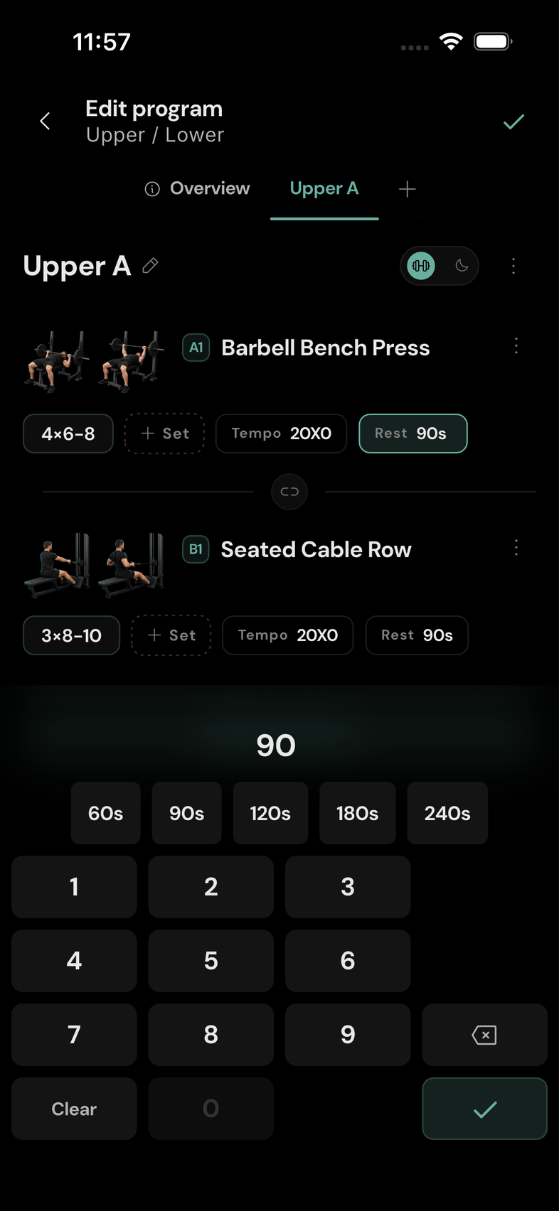 Set the pause in seconds. Choose a shortcut or enter a duration, then confirm with the number pad checkmark.
