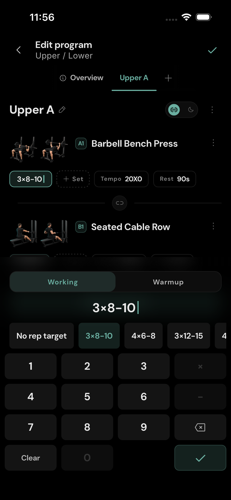 Edit a set prescription. Use a shortcut or enter sets and reps. Switch between Working and Warmup here.