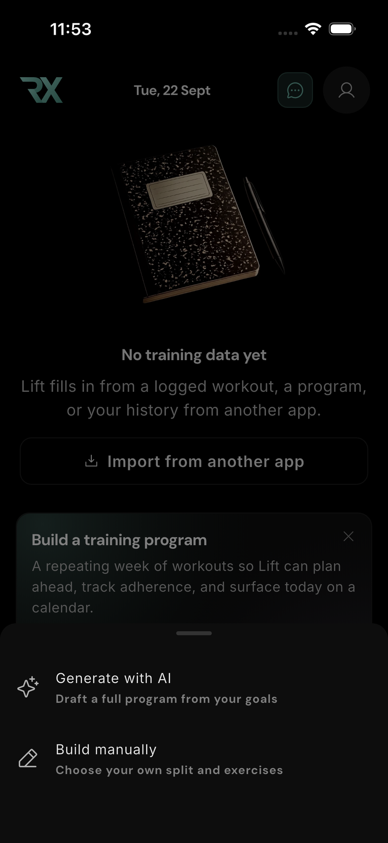 Choose Build manually. Begin with an empty program and choose your own split and exercises.