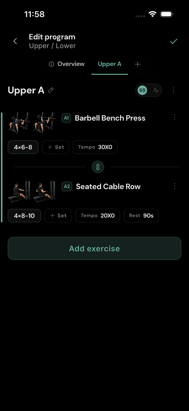 Link neighbouring exercises. Linked rows share a set structure. The rest control appears on the last row.