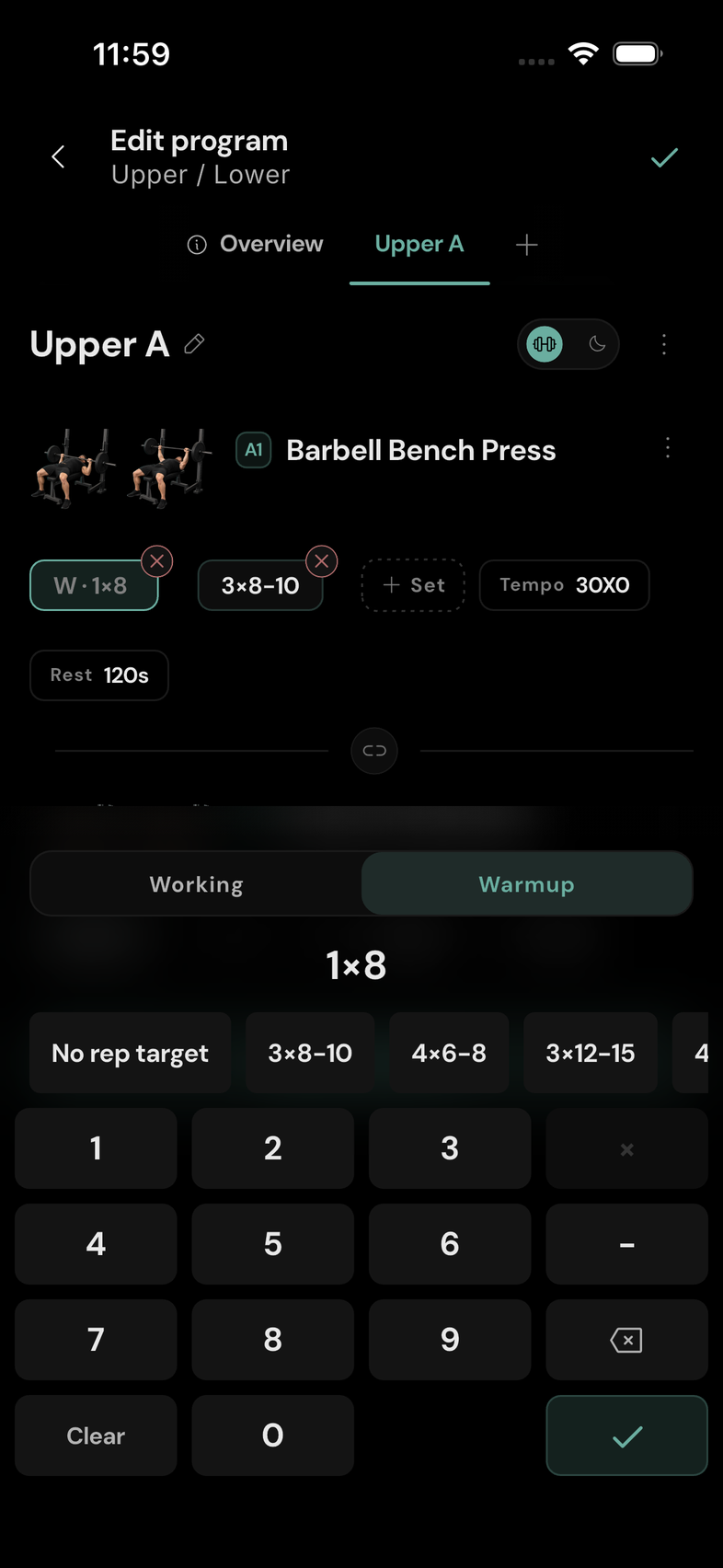 Add a warm-up group. This example has one warm-up set of eight reps followed by working sets.