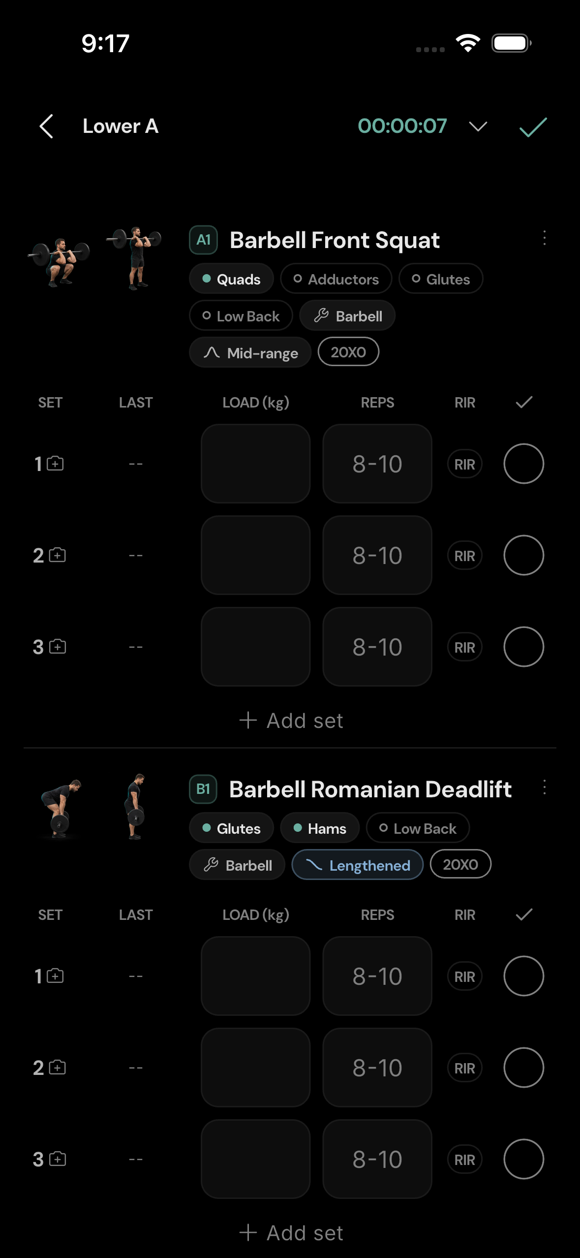 Active workout. Sets are grouped under each exercise; enter actual load, reps, and RIR.