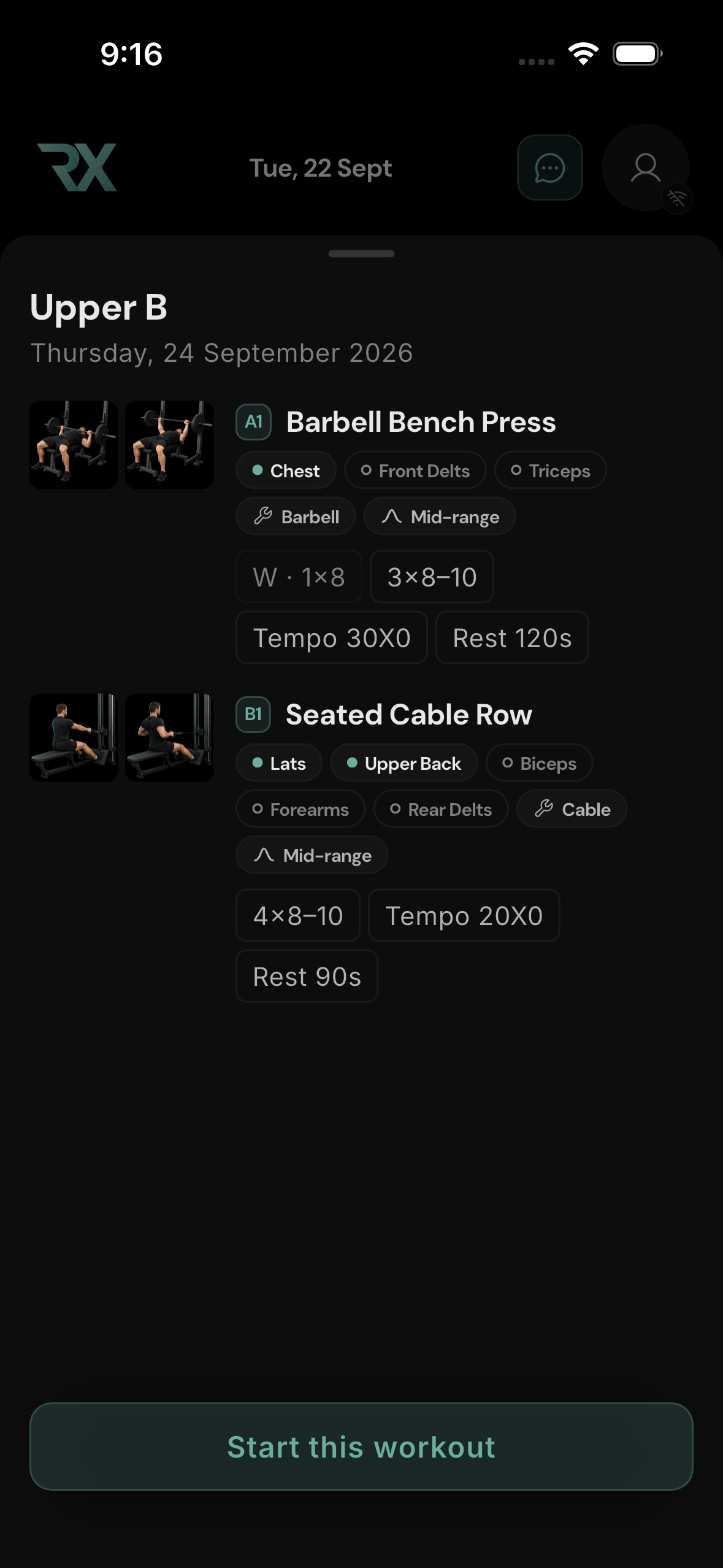 Calendar day sheet. Choose a scheduled day, then Start this workout.