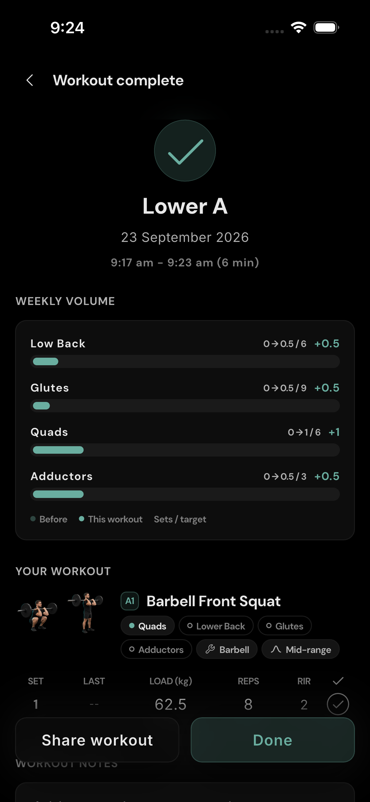 Workout complete. Review duration, volume, and logged sets; add a workout note if needed.