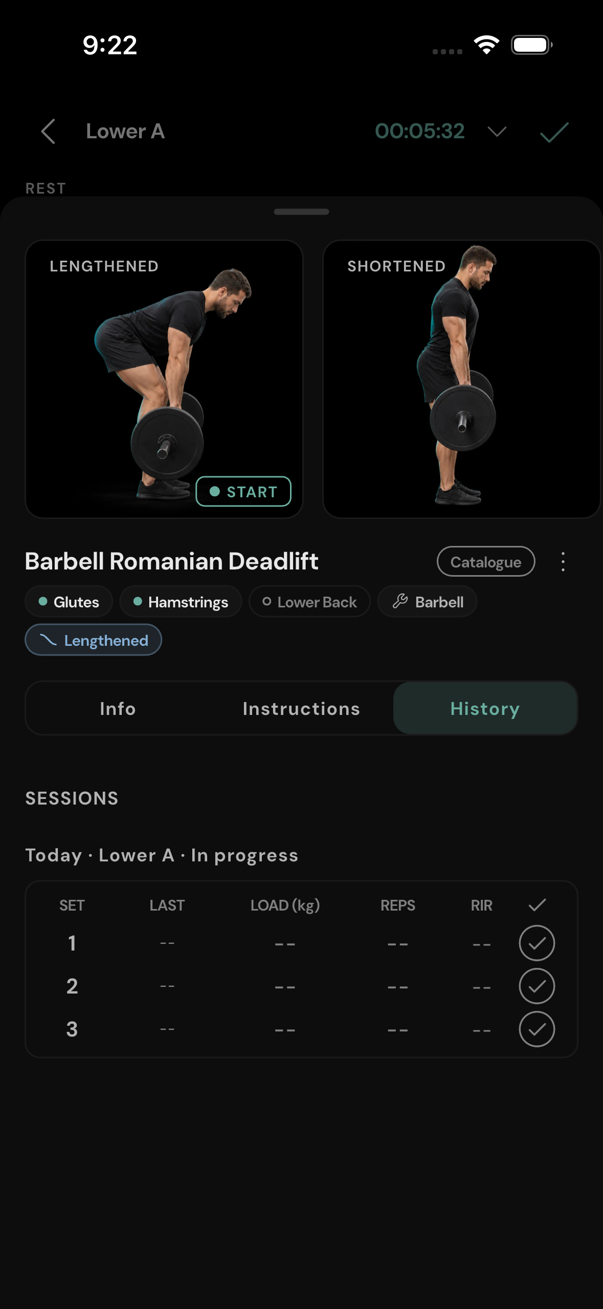 Exercise history. The History tab lists sessions for this exercise, including the current one.