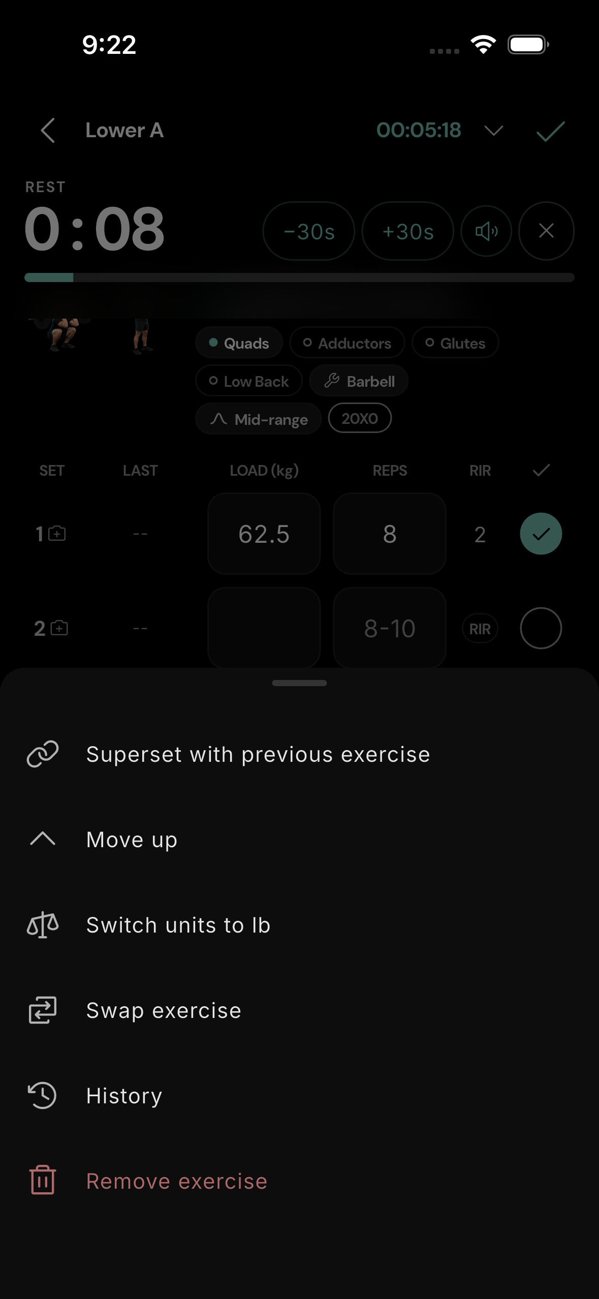 Exercise actions. Swap, reorder, link, change units, inspect history, or remove this exercise.