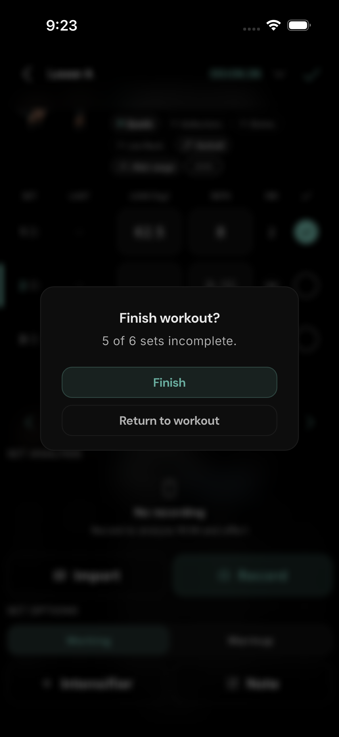 Finish confirmation. The app counts unfinished rows before saving.