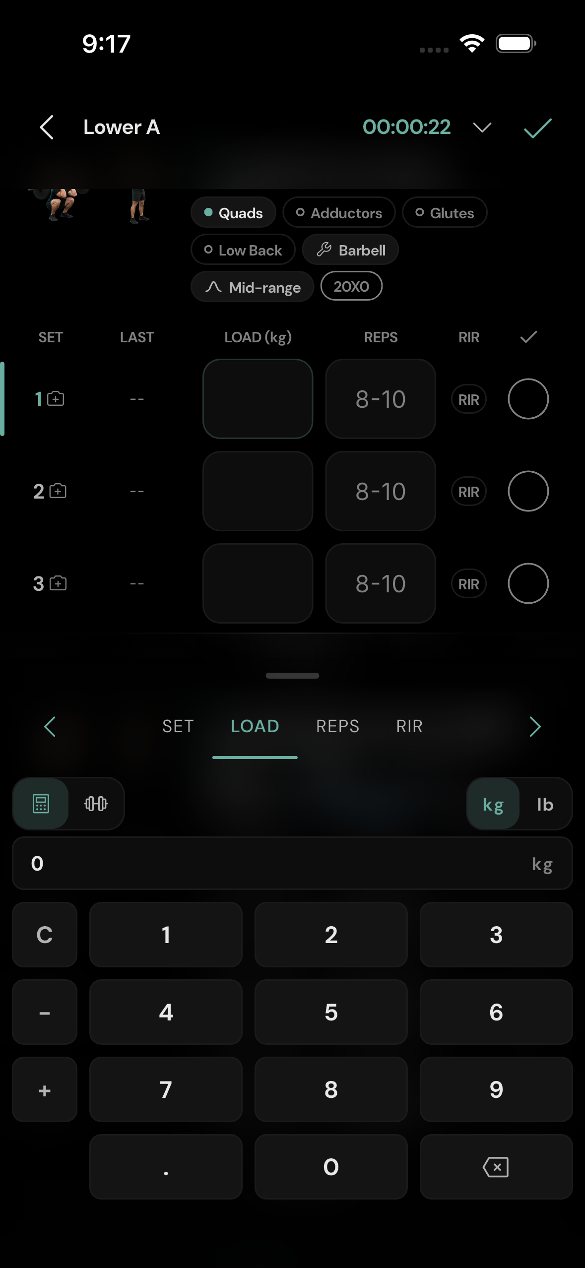 Load calculator. 60 + 2.5 evaluates to 62.5 kg and fills the set row.