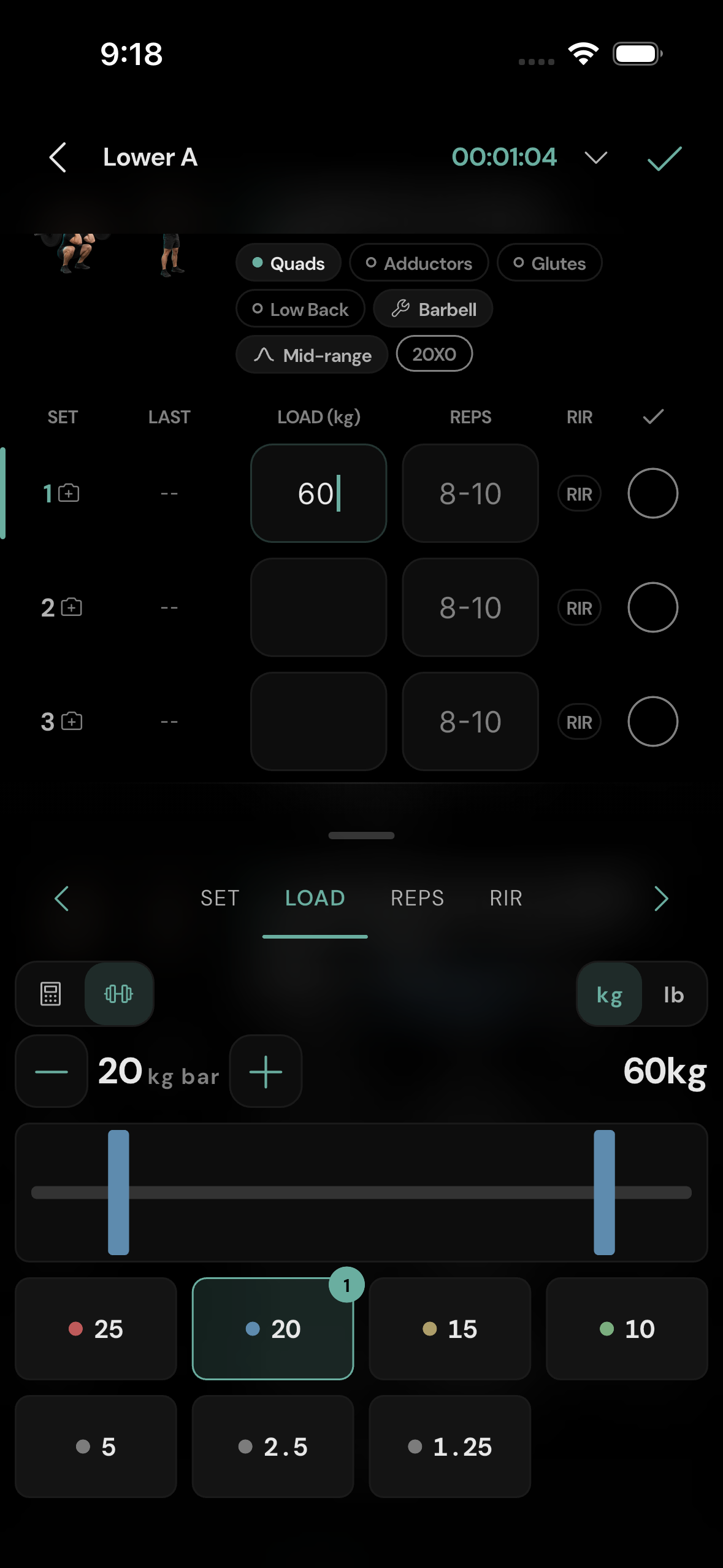 60 kg barbell setup. A 20 kg bar plus one 20 kg plate on each side totals 60 kg.