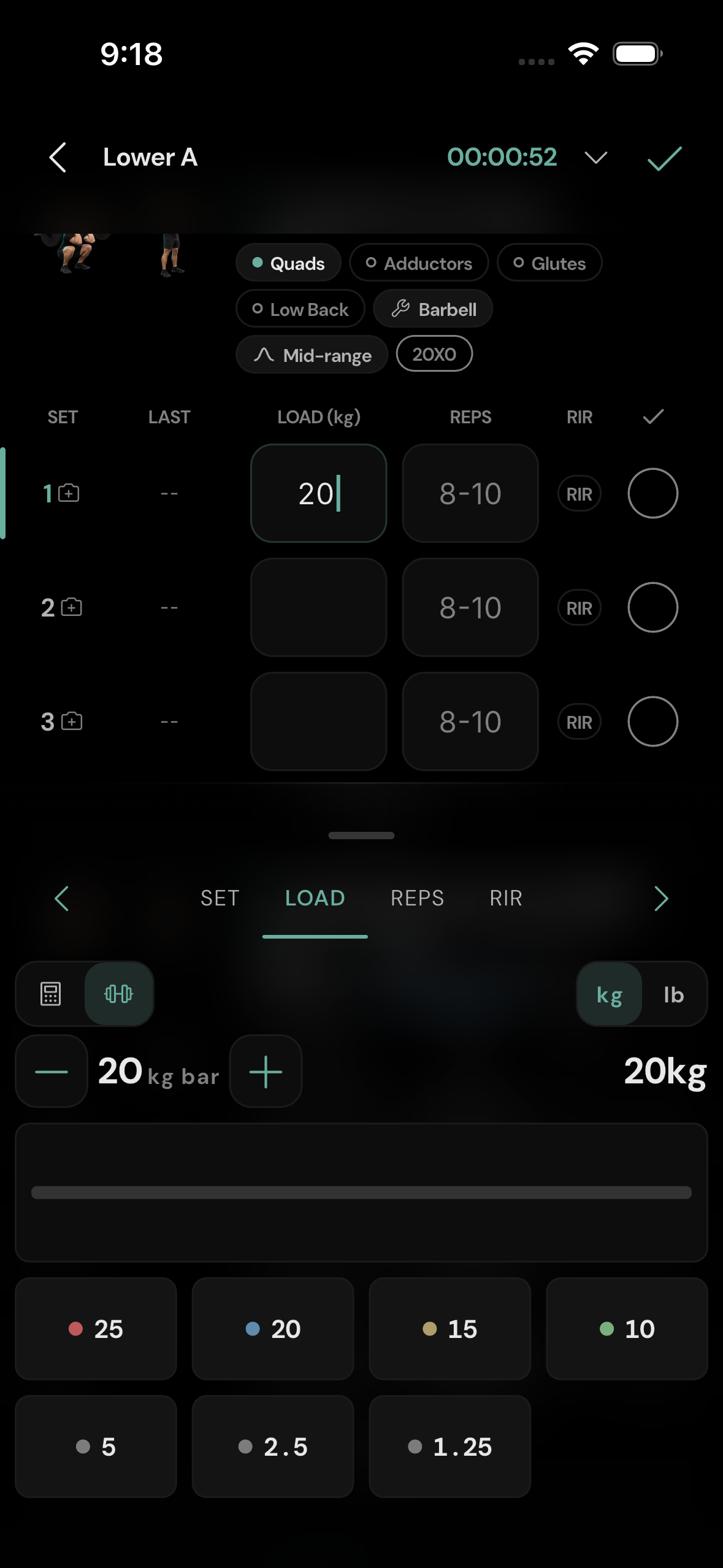 Barbell starting point. The bar weight is shown before plates are added.