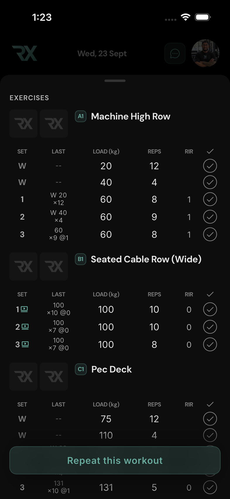 A recording in workout history. Open a completed workout from the Lift calendar; the video icon beside a set opens its saved recording.