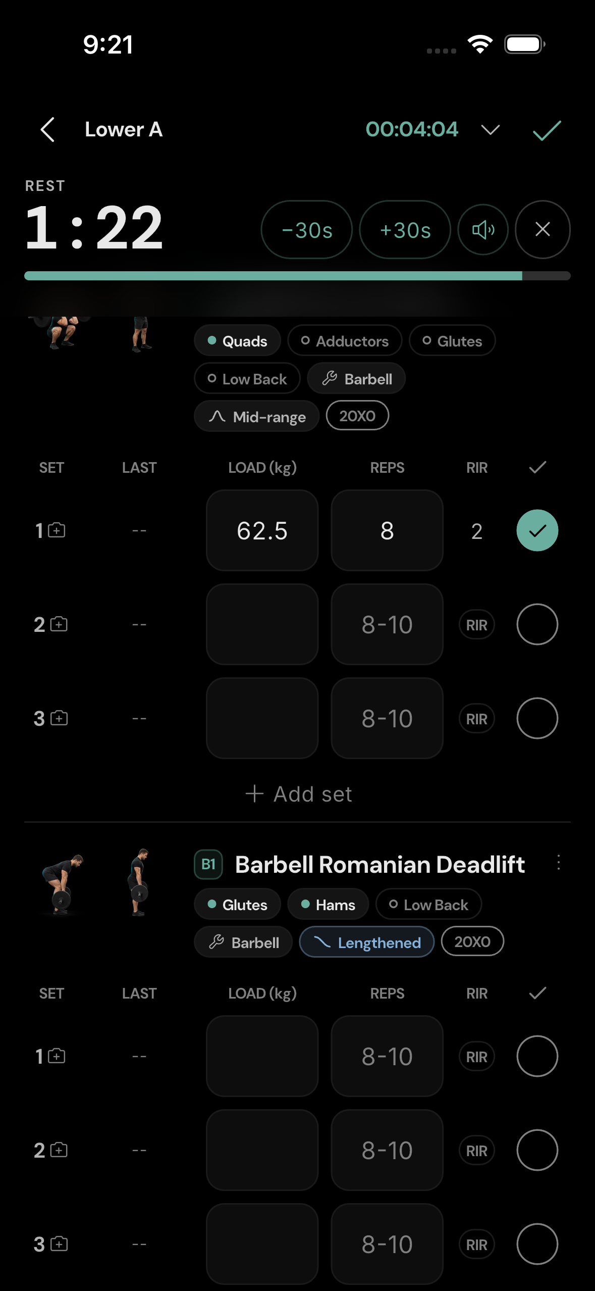 Logged set and rest. Choosing 2 RIR completed the first set and started a 90-second rest.