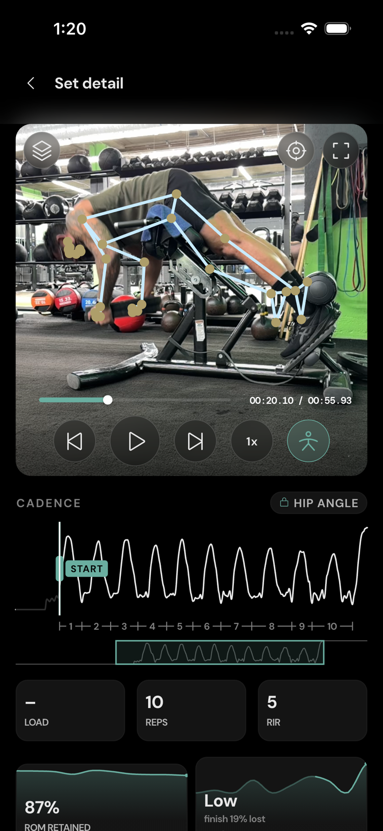 Saved set video and cadence. Watch the clip and scrub the cadence graph to inspect individual reps.