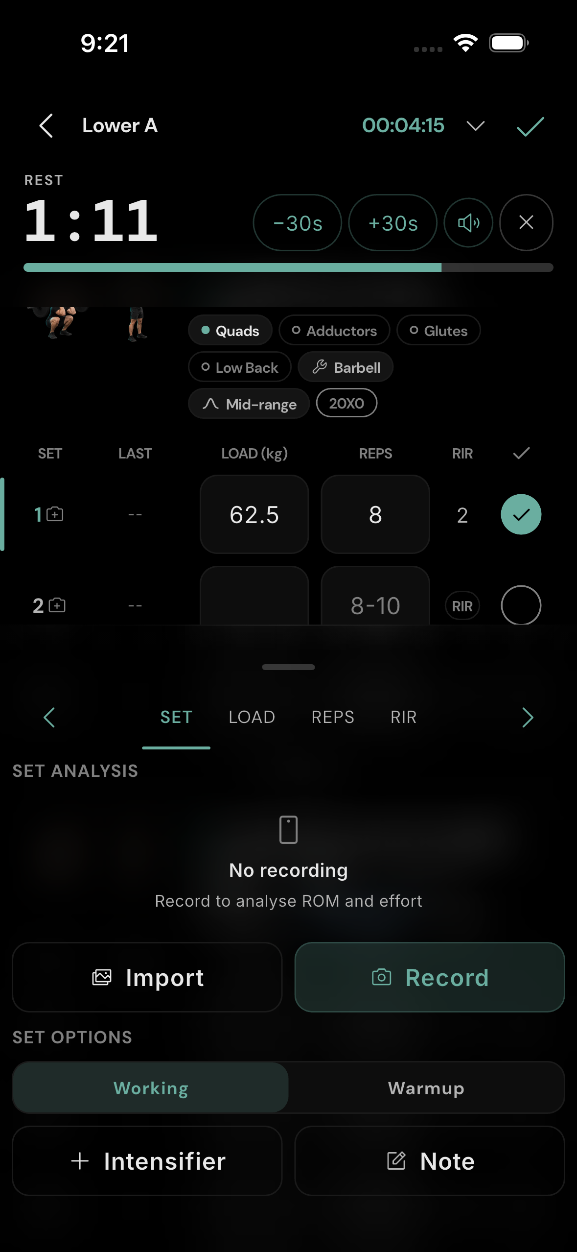 Set controls. The SET panel contains recording, warm-up, intensifier, and note actions.
