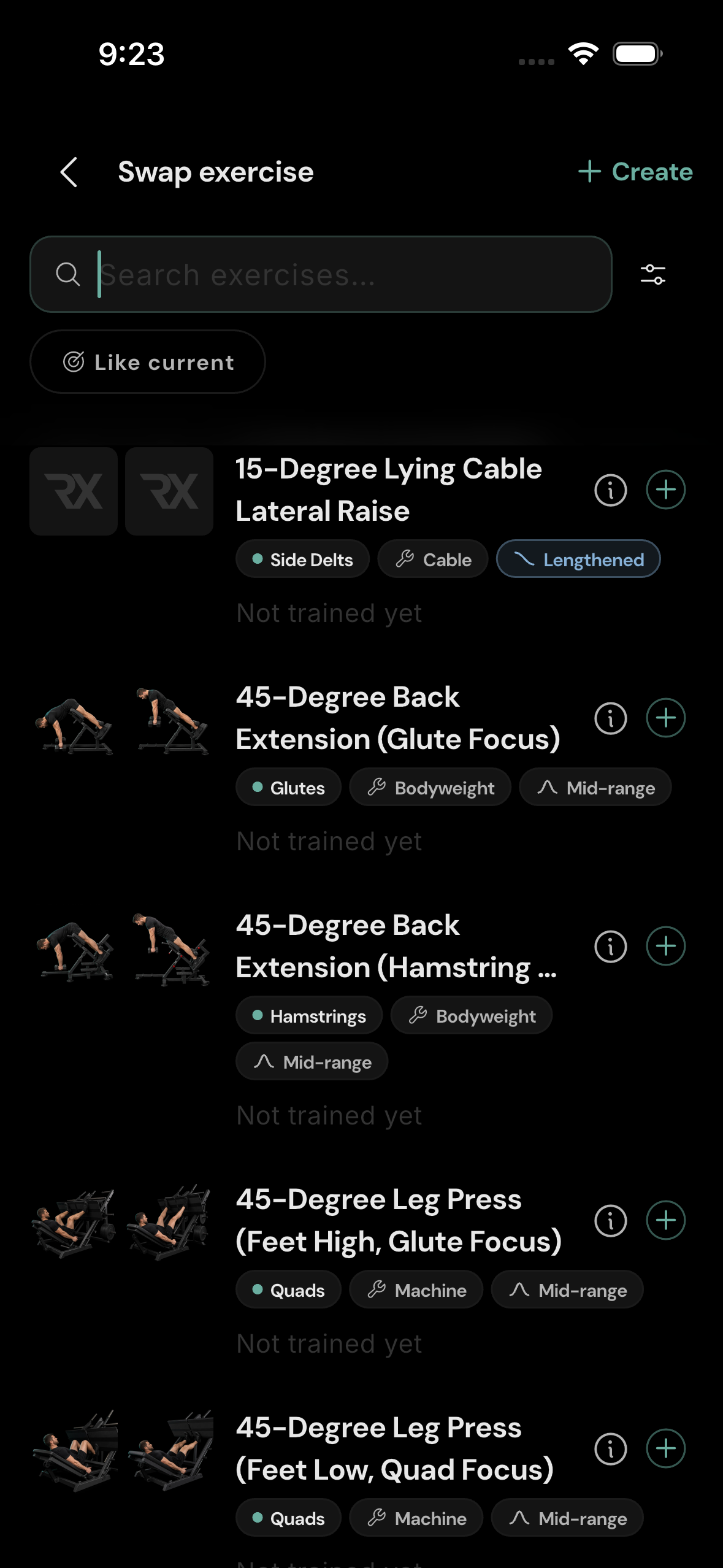 Swap exercise picker. Search for a replacement and tap its plus button.