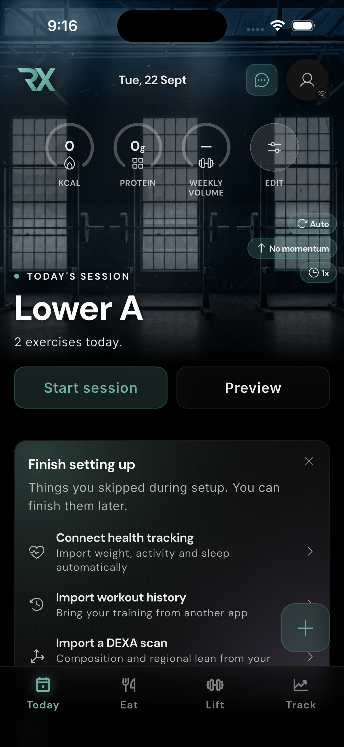 Today workout card. Start the workout scheduled for the current day.