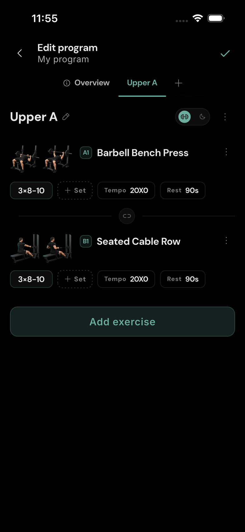 Your workout day. Day tabs run across the top. The day name, type switch, and menu sit beneath them.